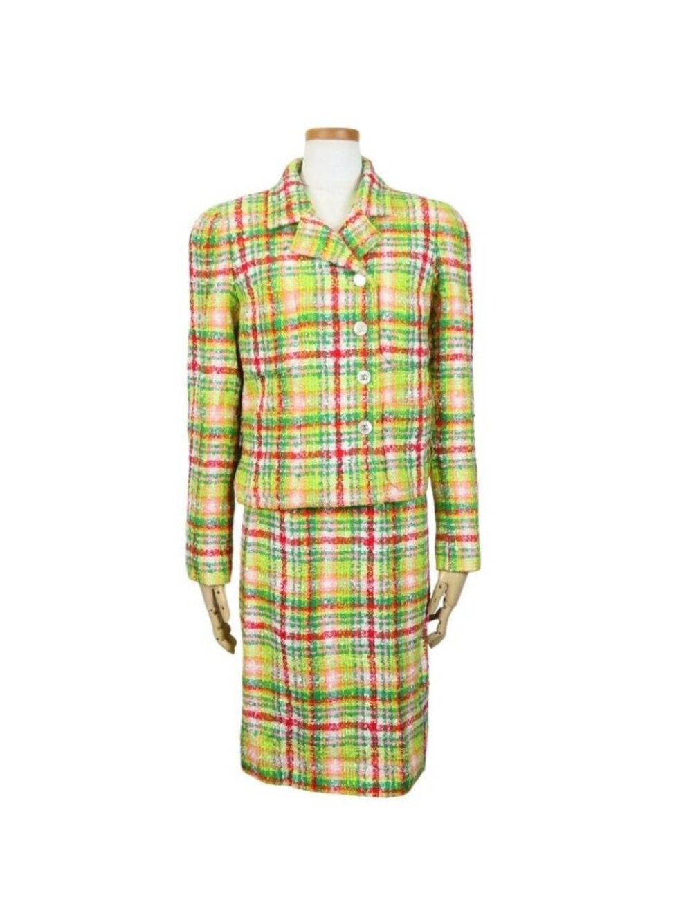 Chanel Set Suit 36 Cotton Rayon Wool Greenish Red Multicolor Tweed Coco Button